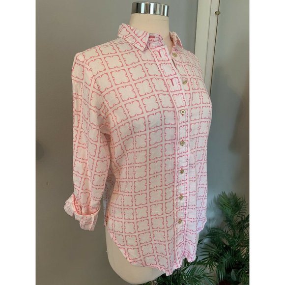 Women’s Linen pink & white clover leaf button up blouse PM M summer comfort Prep - Picture 6 of 12